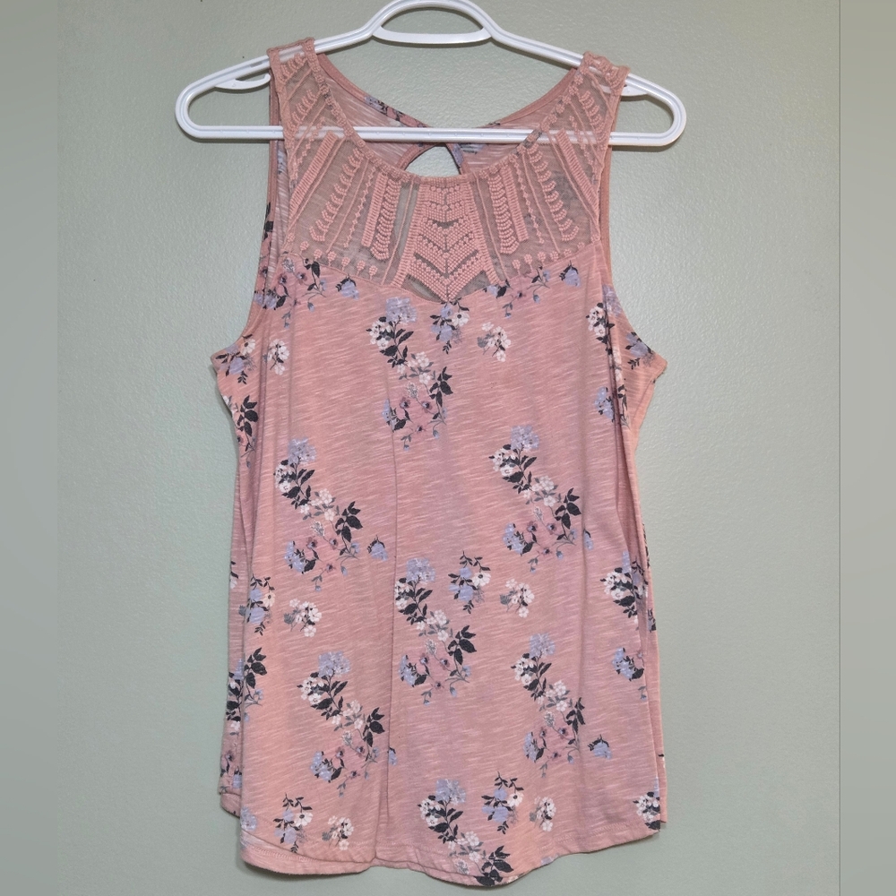 Pink Floral Embroidered Mesh Neckline Tank Top Sz M Boho Soft Girl Cottagecore